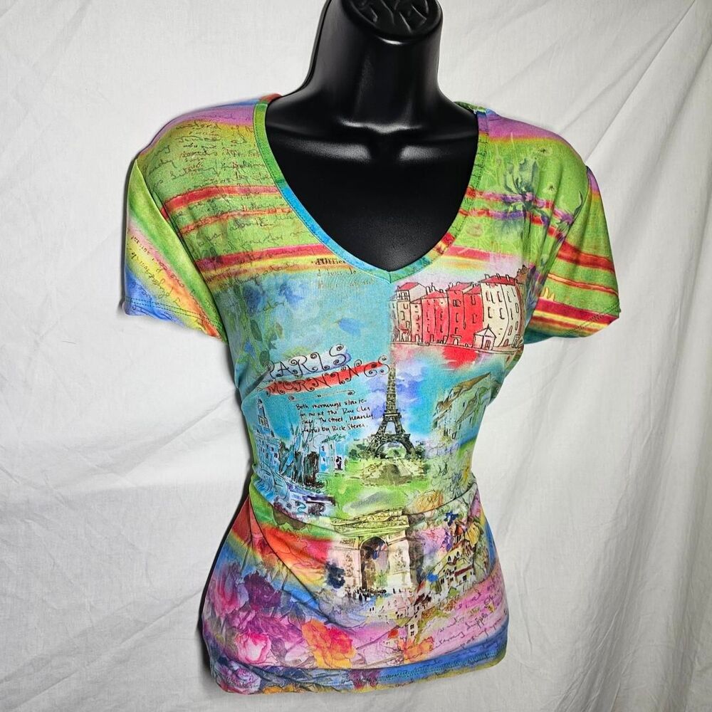 Vintage y2k colorful art avant garde eifel tower v neck tee